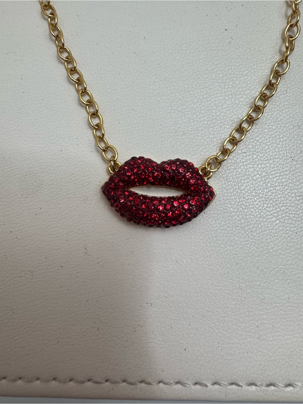 EMM original.  Gold Necklace with Red Swarovski Crystal Lip Pendant